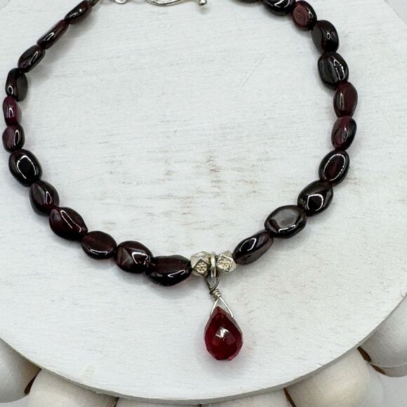 Garnet Beaded Bracelet Briolette Dangle Sterling Silver Clasp 7 1/2” Gem Stones - Picture 6 of 15